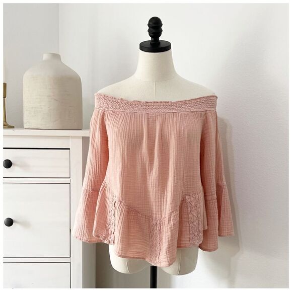 American Eagle Blouse Boho Gauze Off Shoulder Top Pink Crochet Ruffle Shirt - Picture 1 of 8